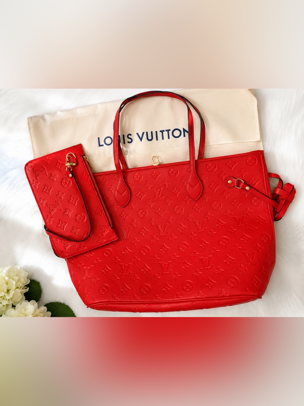 Red Embossed Leather Tote with Matching Pouch